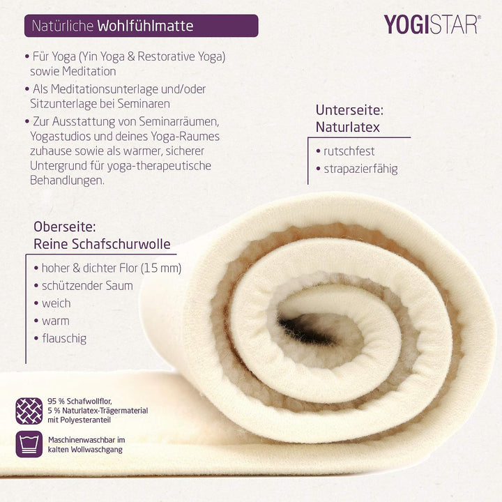 Yogistar Yogamatte yogimat® Natur - Schurwolle - umsäumt 180 x 75 x 1.5 cm, 180 x 75 x 1.5 cm
