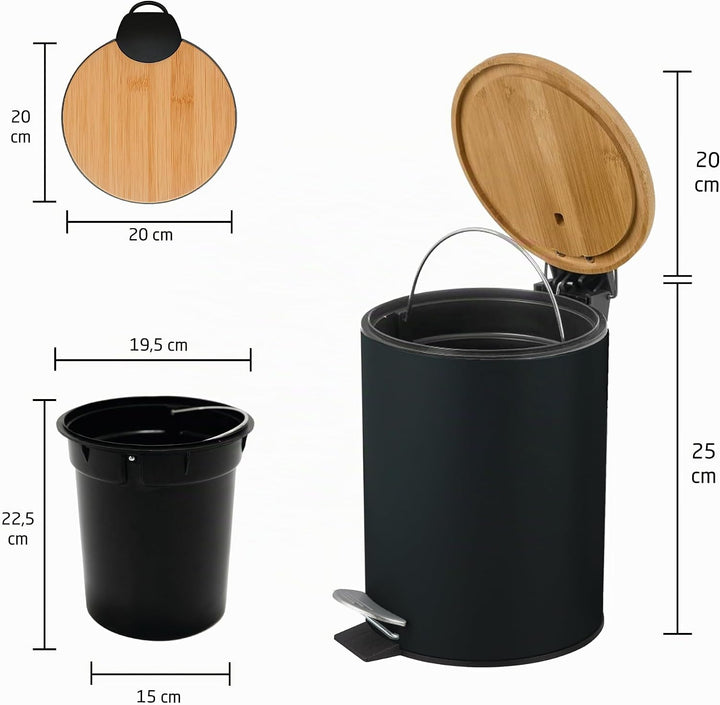 Amig - Kosmetikeimer mit Pedal 5L Naturline - Schwarz und Bambus - Hygienische Öffnung - Ø20 x 26 cm