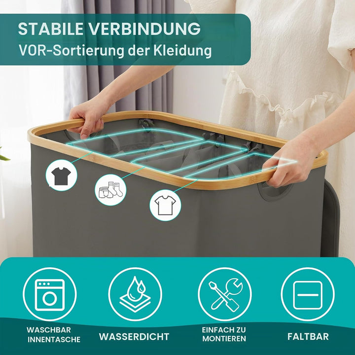 YOUDENOVA Wäschekorb mit Deckel 3 Fächer 160L Wäschesammler mit 3 Wäschesäcke Gross faltbarer Wäsche