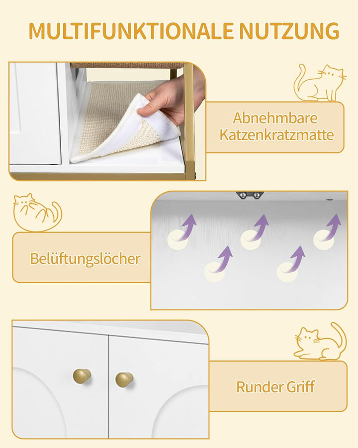 Hzuaneri Kratzbaum mit Katzenklo-Schrank, Katzenschrank, 4-in-1 Modernes Katzenhaus mit Grosser Plat