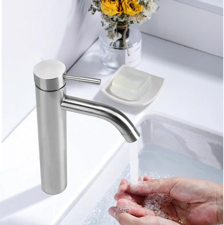 Wasserhahn Bad Edelstahl Waschtischarmatur mit Hoch Auslauf 165mm Silber, Silber