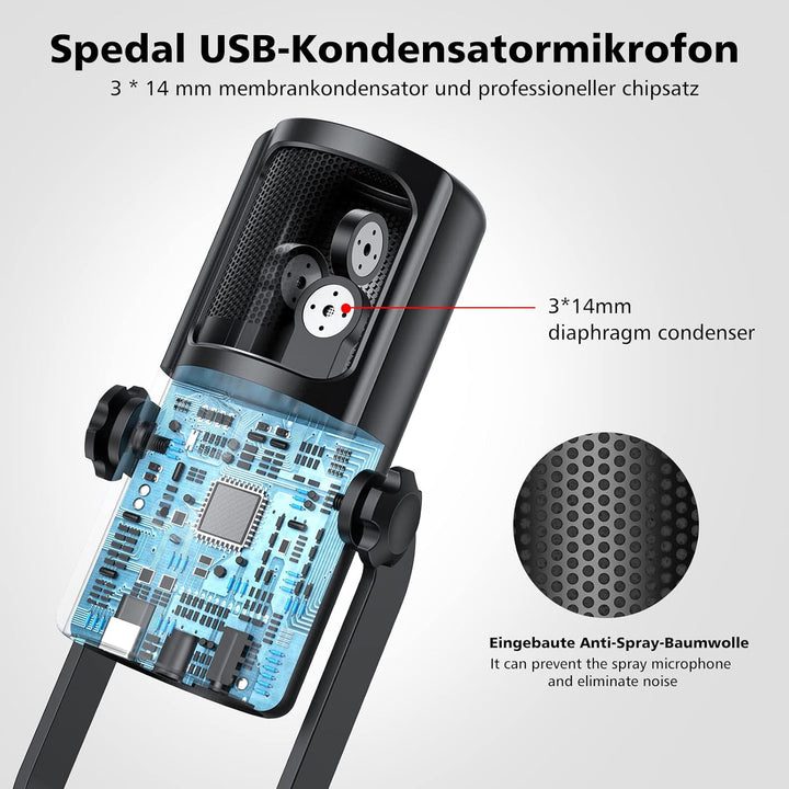 Spedal USB Gaming Mikrofon, 4 Pickup-Patterns Kondensator Mikrofone mit Stummschalttasten eingebaute