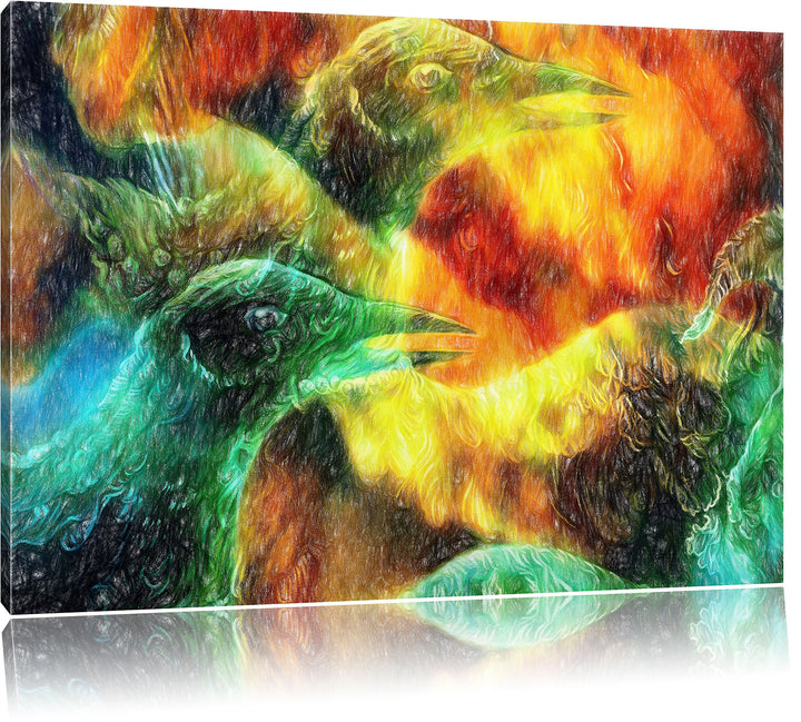 Pixxprint Vogel Phönix Collage Kunst Buntstift Effekt, Format: 100x70 auf Leinwand, 100x70