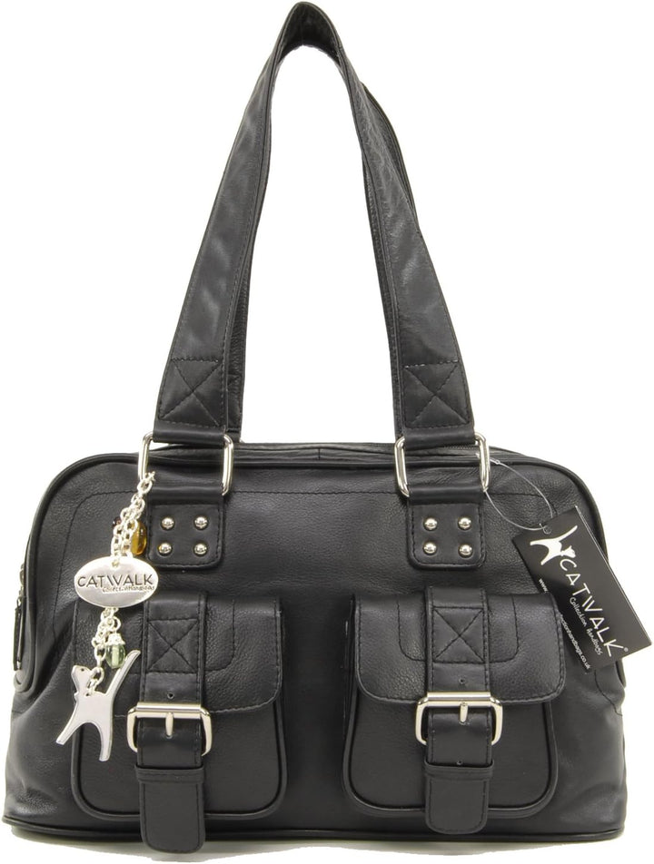 Catwalk Collection Handbags - Leder - Top Griff Handtasche - CAROLINE Schwarz, Schwarz