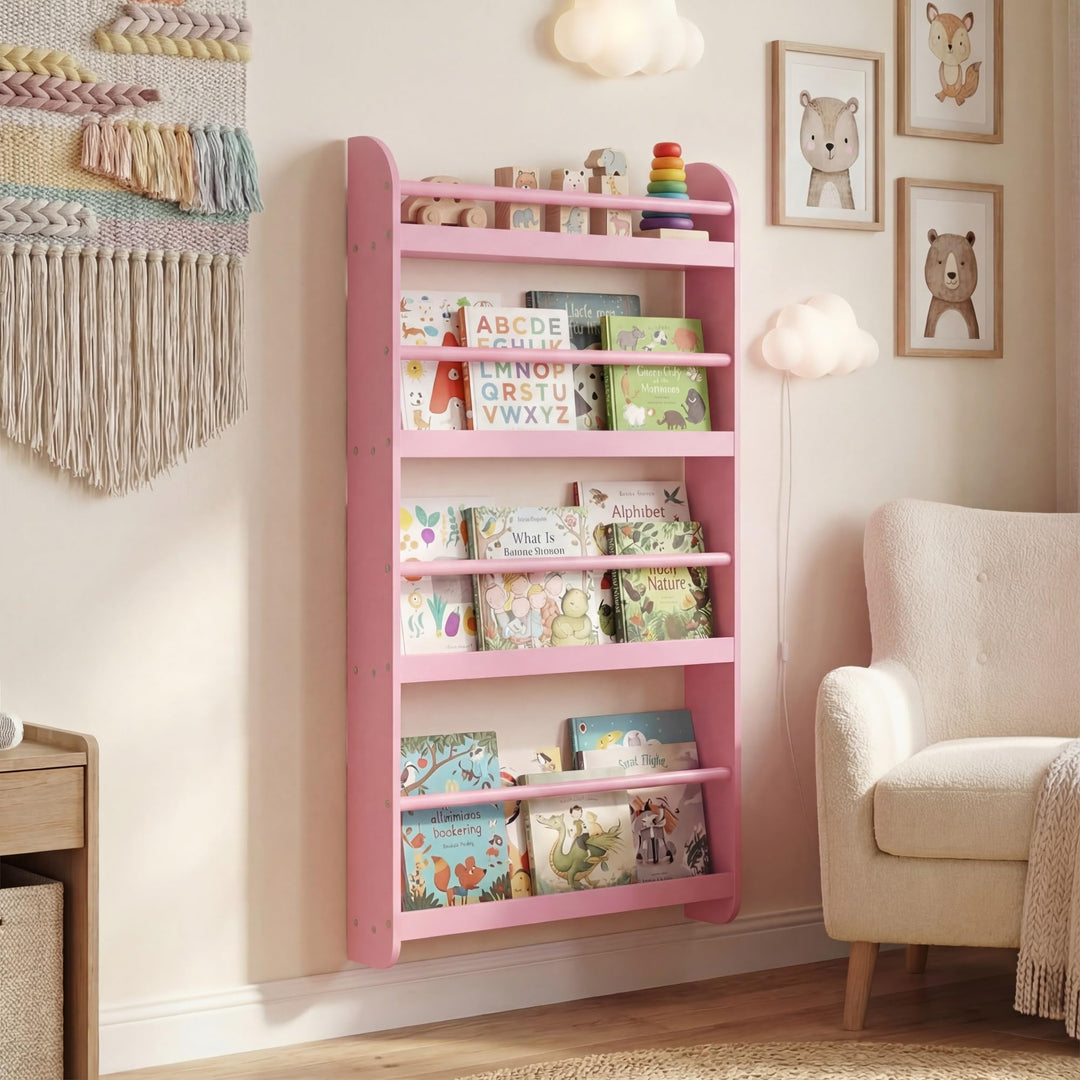 RELAX4LIFE Bücherregal Kinder, Kinderregal Wand mit 4 Fächern, platzsparendes Wandregal, Montessori