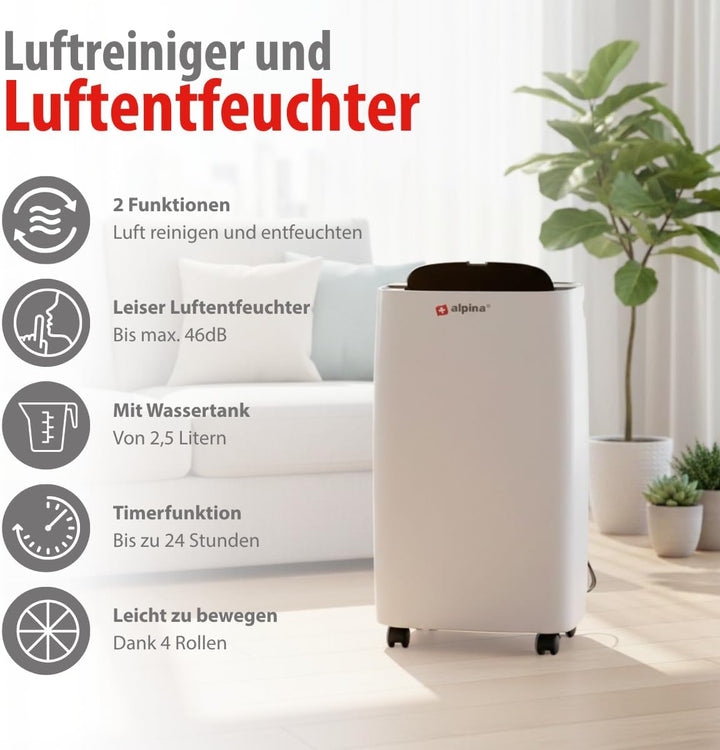 alpina Luftentfeuchter Elektrisch - Raumentfeuchter 220W - Räume bis zu 100M³ - Extra Leise 46dB - E