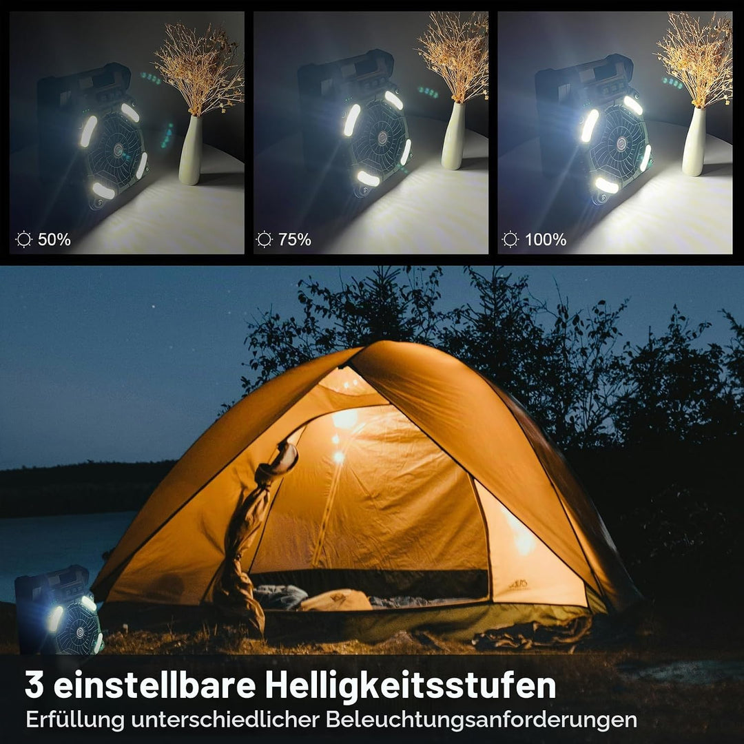 GY Solar Camping Ventilator mit LED-Licht &amp; 10400mAh Akku – 4 in 1 Tragbarer Tischventilator, 4 Gesc
