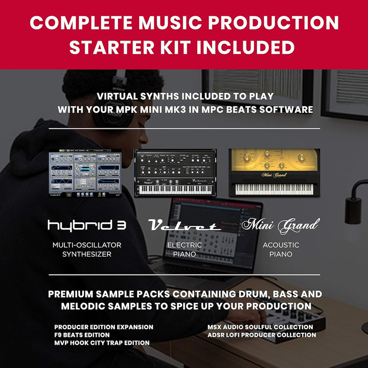 AKAI Professional Midi Controller + Sustain Pedal Bundle - MPK Mini MK3 White USB-MIDI-Keyboard Cont