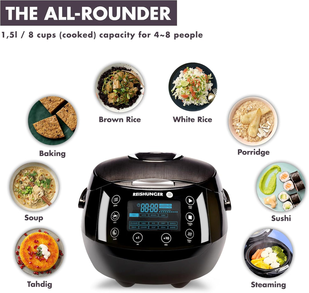 REISHUNGER Digitaler Reiskocher &amp; Dampfgarer Weiss | 1,5 L bis 8 Personen | Warmhaltefunktion, Timer