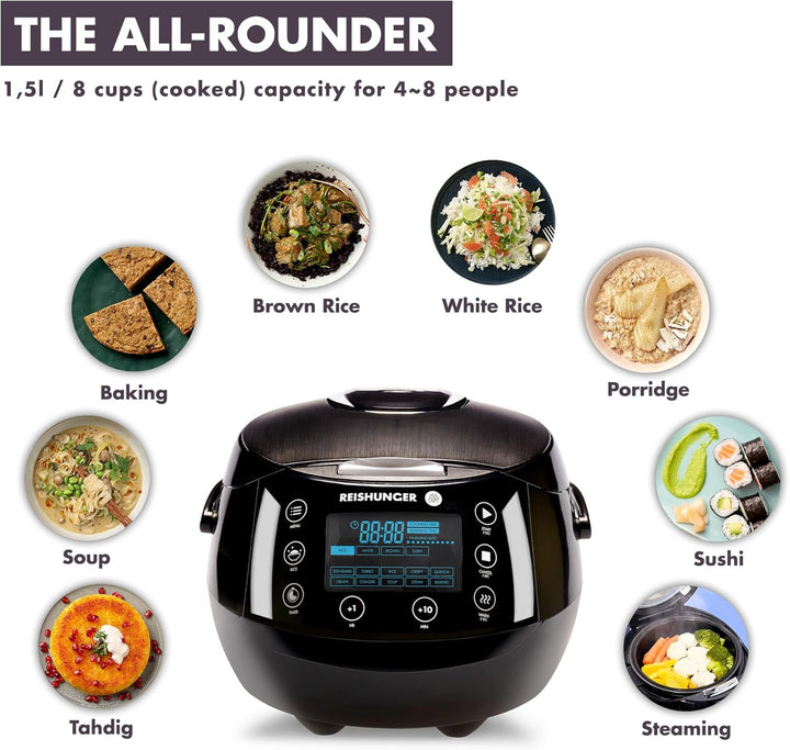 REISHUNGER Digitaler Reiskocher &amp; Dampfgarer Weiss | 1,5 L bis 8 Personen | Warmhaltefunktion, Timer