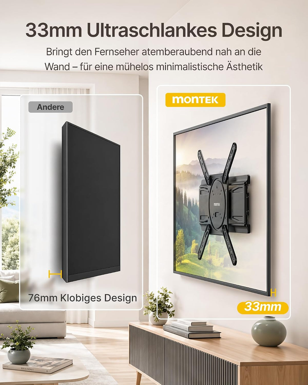 monTEK Ultra Slim TV Wandhalterung 23-75 Zoll bis 45kg, Max VESA 400x400mm 23"-75" TV / 1,3" Ultra-S