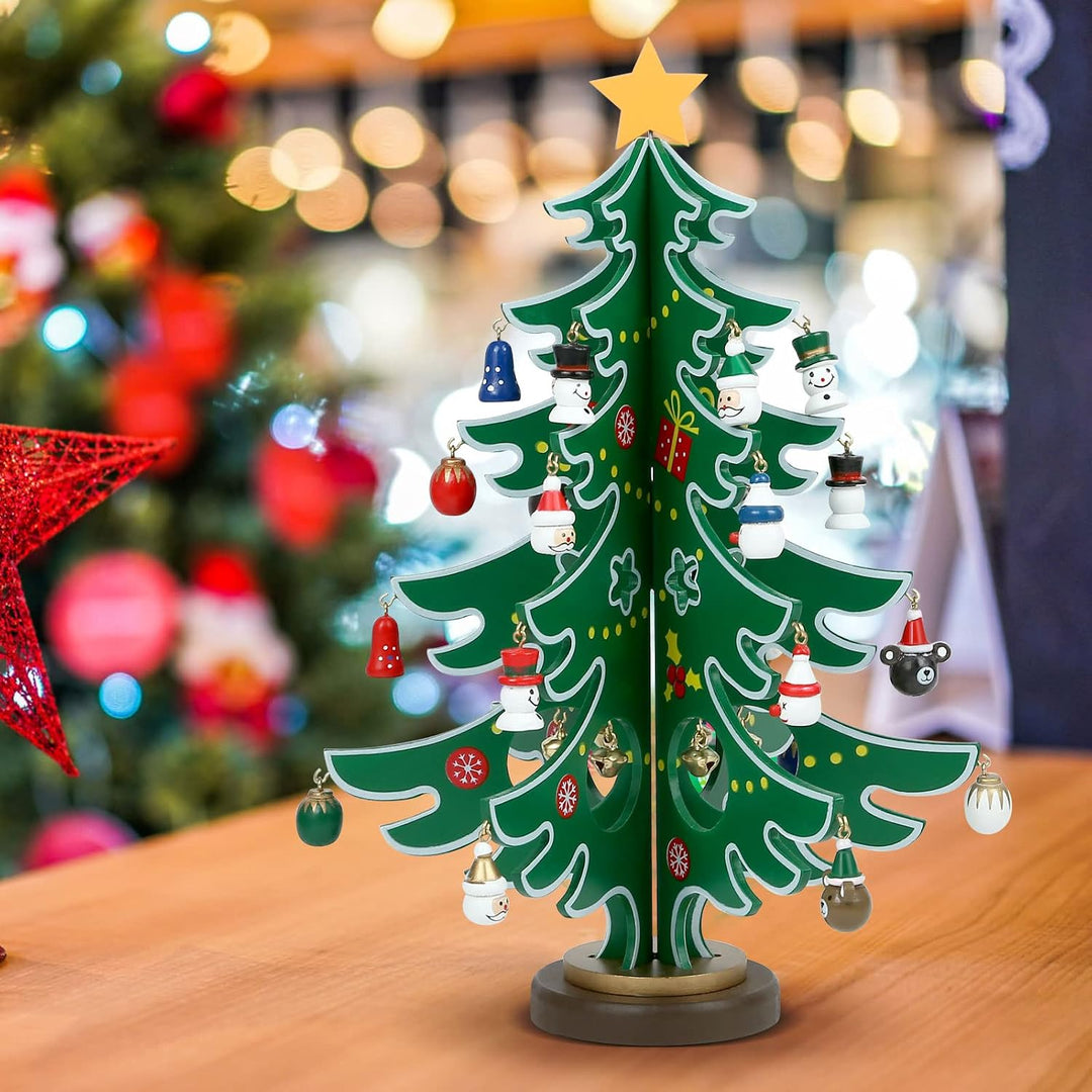 LIHAO Adventskalender Mini Holz Christmas Tree Weihnachtsbaum mit 24 Anhänger Weihnachtsbaum aus Hol