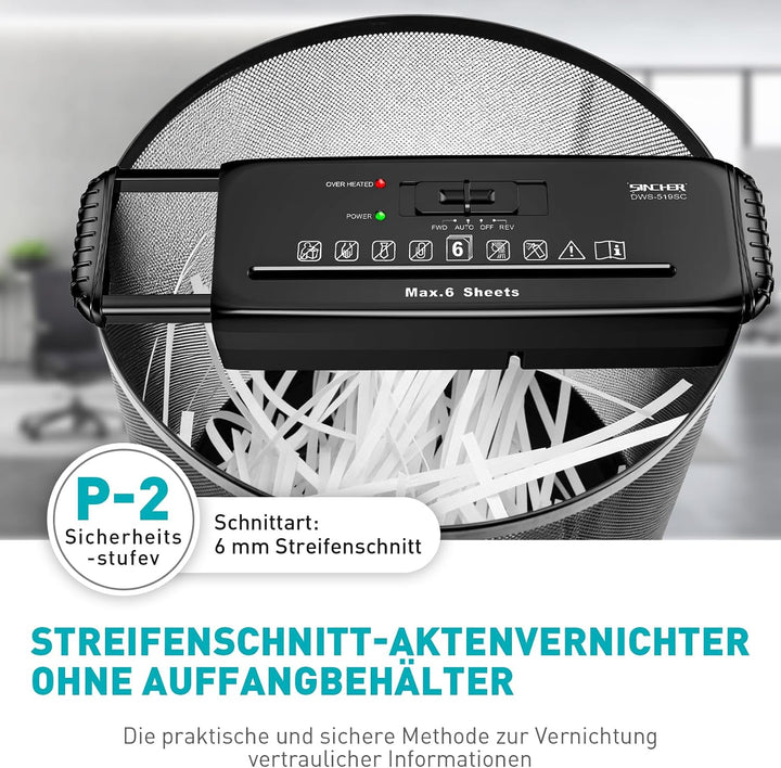Aktenvernichter, 6 Blatt Streifenschnitt Papierschredder, inklusive Kreditkartenvernichtung, P-2, Ko