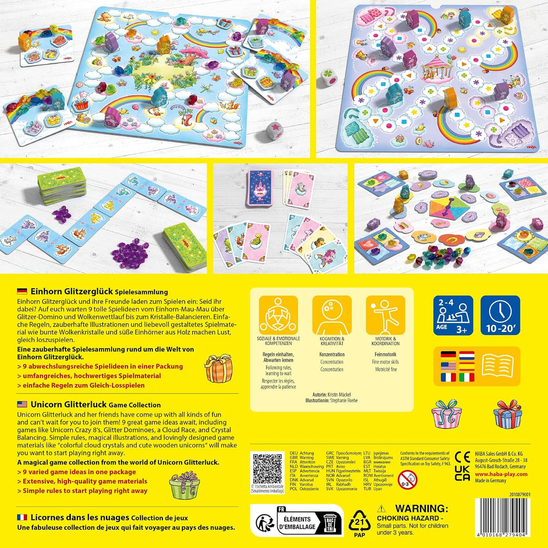 HABA Einhorn Glitzerglück Spielesammlung – 9 in 1 Spiele Set: Würfel-, Brett- &amp; Kartenspiele für Kin