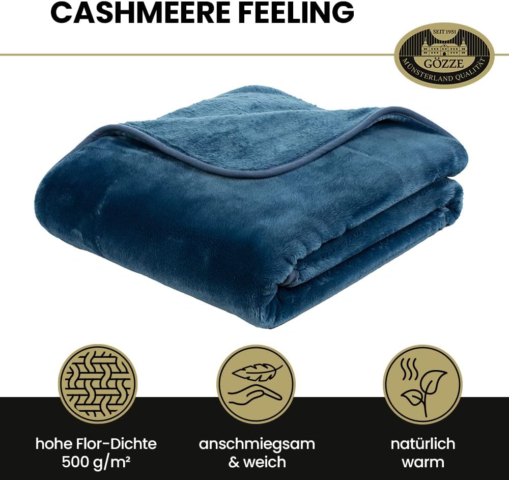 Gözze - Premium Cashmere-Feeling Wohn- und Kuscheldecke, 500 g/m², 220 x 240 cm - Blau Blau 220 x 24