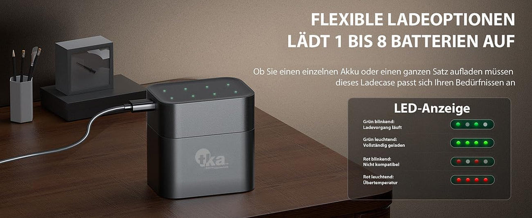 tka Köbele Akkutechnik AA Akku mit Ladegerät: 32er-Set Li-Ion-Akkus Typ AA, 4 USB-C-Ladeboxen, 3600