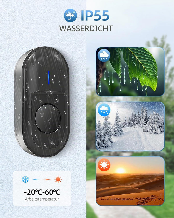 Funkklingel, Türklingel Funk Set, 300m Reichweite IP55 Aussen Wasserdicht Haustür Klingel mit 2 Plug