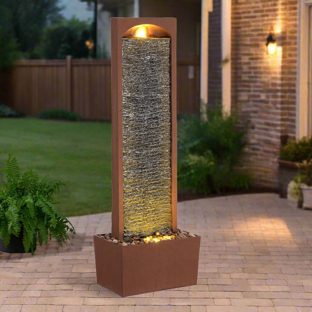 Teamson Home Moderner Outdoor Wasserfallbrunnen Rotstein mit LED Rot Gerade, Rot Gerade