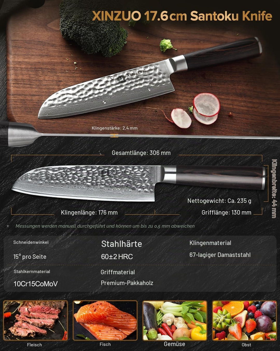 XINZUO 17.6cm Damaskus Santokumesser, Profi Damastmesser Kochmesser 67 Schichten Damaststahl Chefmes