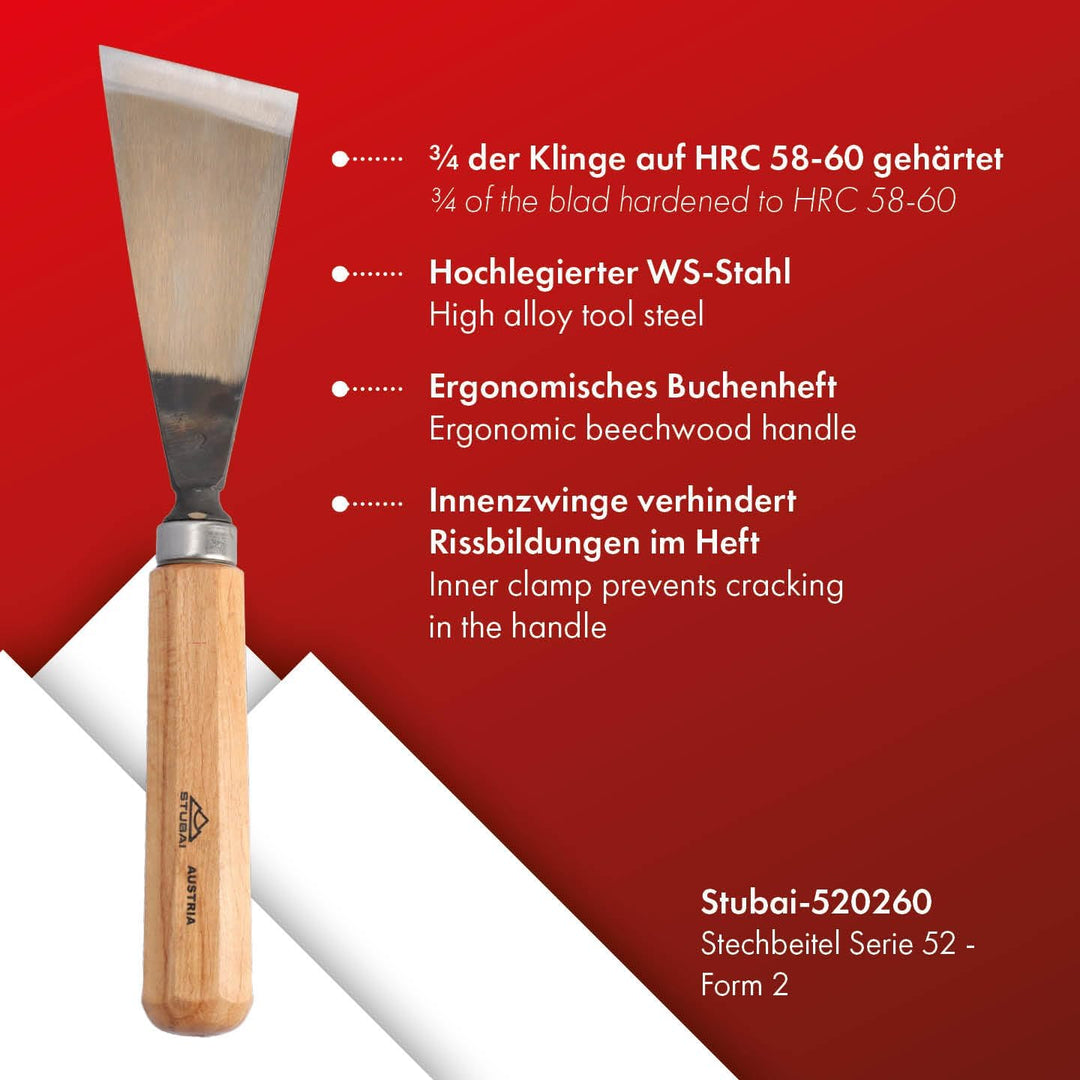 STUBAI Stemmeisen Stechbeitel Serie 52 - Form 2 | Gerades Balleisen, schräg - 60 mm, mit Holzgriff,