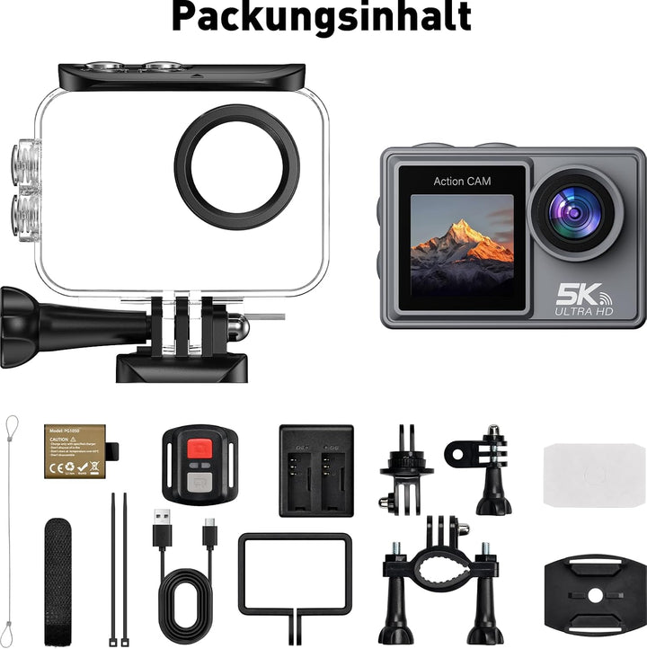Action Cam 5K/ 4K, 50MP 30M/98FT wasserdichte Unterwasserkamera mit 64GB SD Karte, EIS, WiFi, 170° U