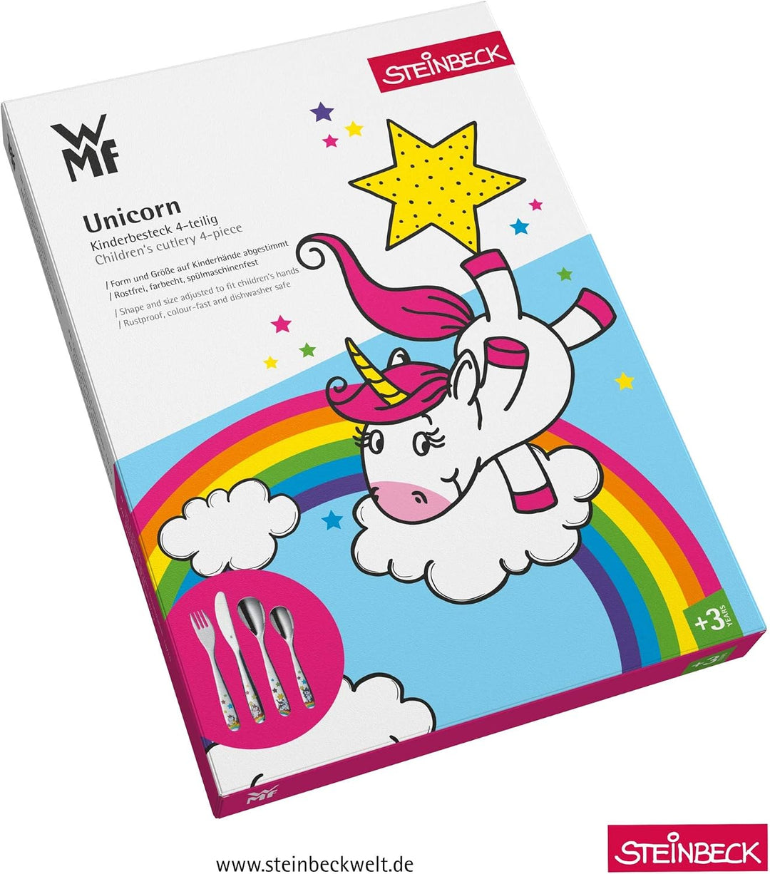WMF Einhorn Kinderbesteck Set 4-teilig, Kinderbesteck Edelstahl, Kinderbesteck ab 3 Jahre, Cromargan