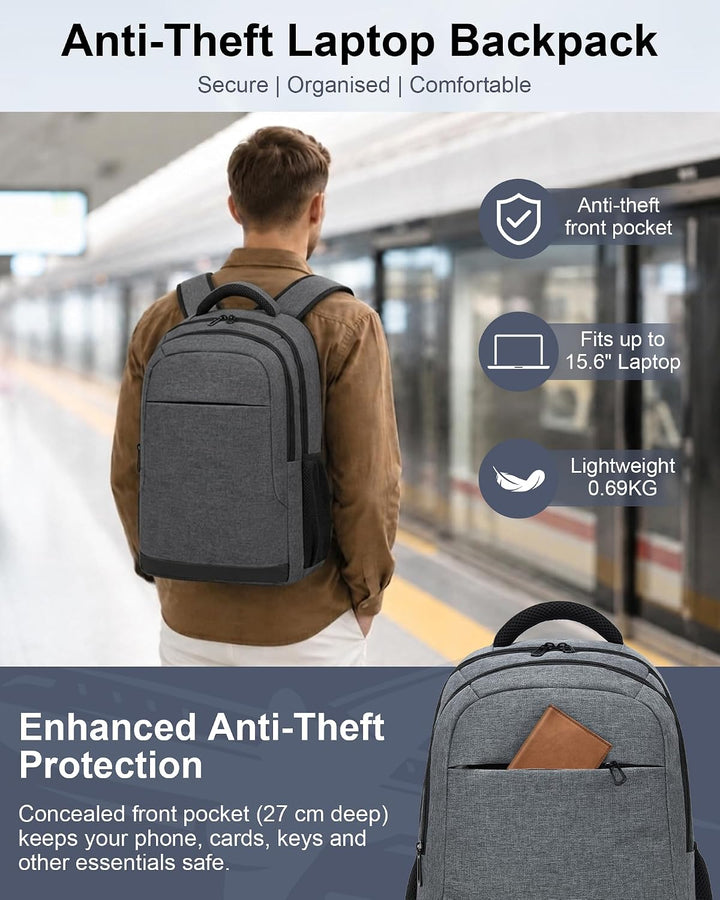 Laptop Rucksack 15,6 Zoll für Herren und Damen, Leichter Business Rucksack Grau, Grau