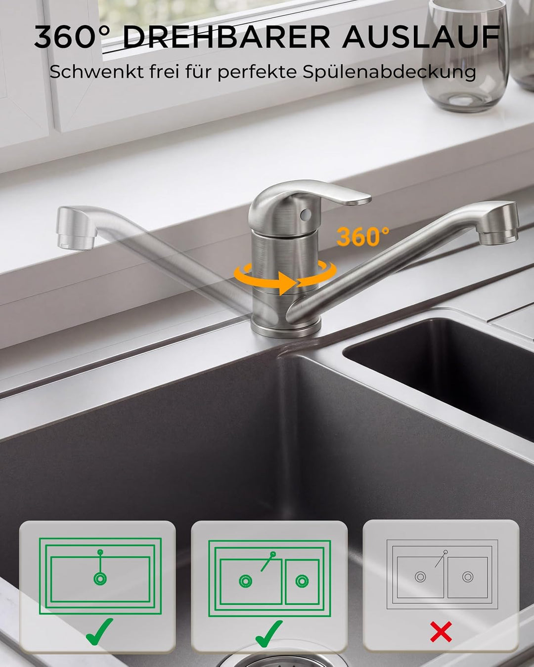 FORIOUS Wasserhahn Küche, Küchenarmatur mit Einhebelmischer, Edelstahl Edelstahl Standard, Edelstahl