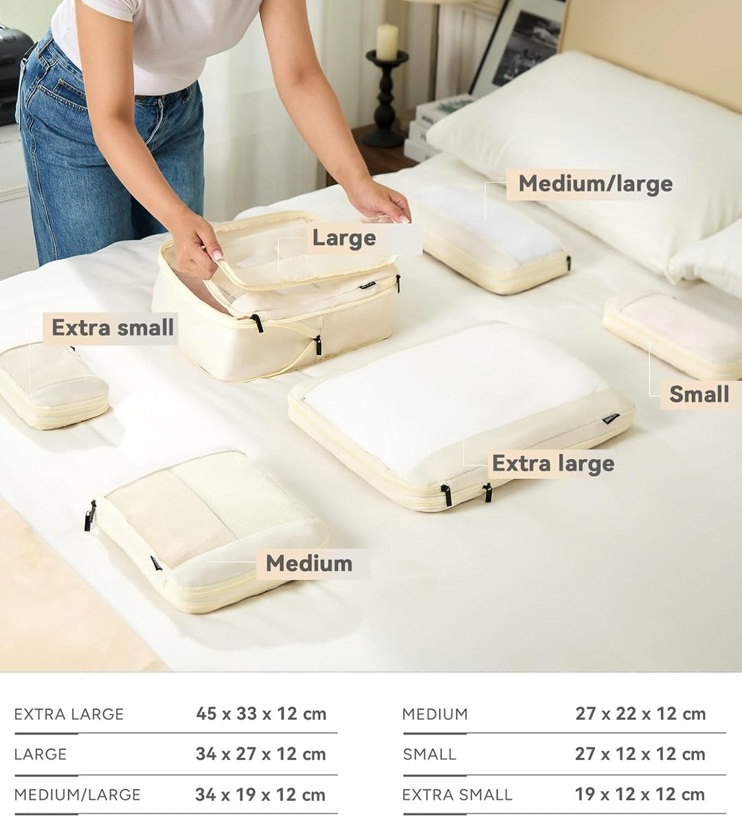MURISE 6er Set Compression Packing Cubes, Koffer Organizer Packtaschen, Beige