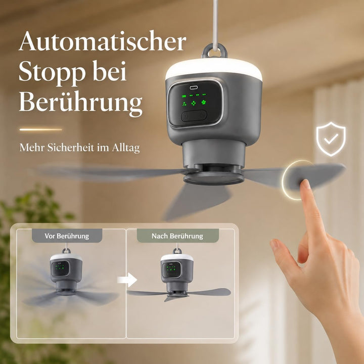 Tragbarer Deckenventilator mit Beleuchtung, 12000mAh Akku &amp; 4 Stufen Camping Ventilator mit Fernbedi