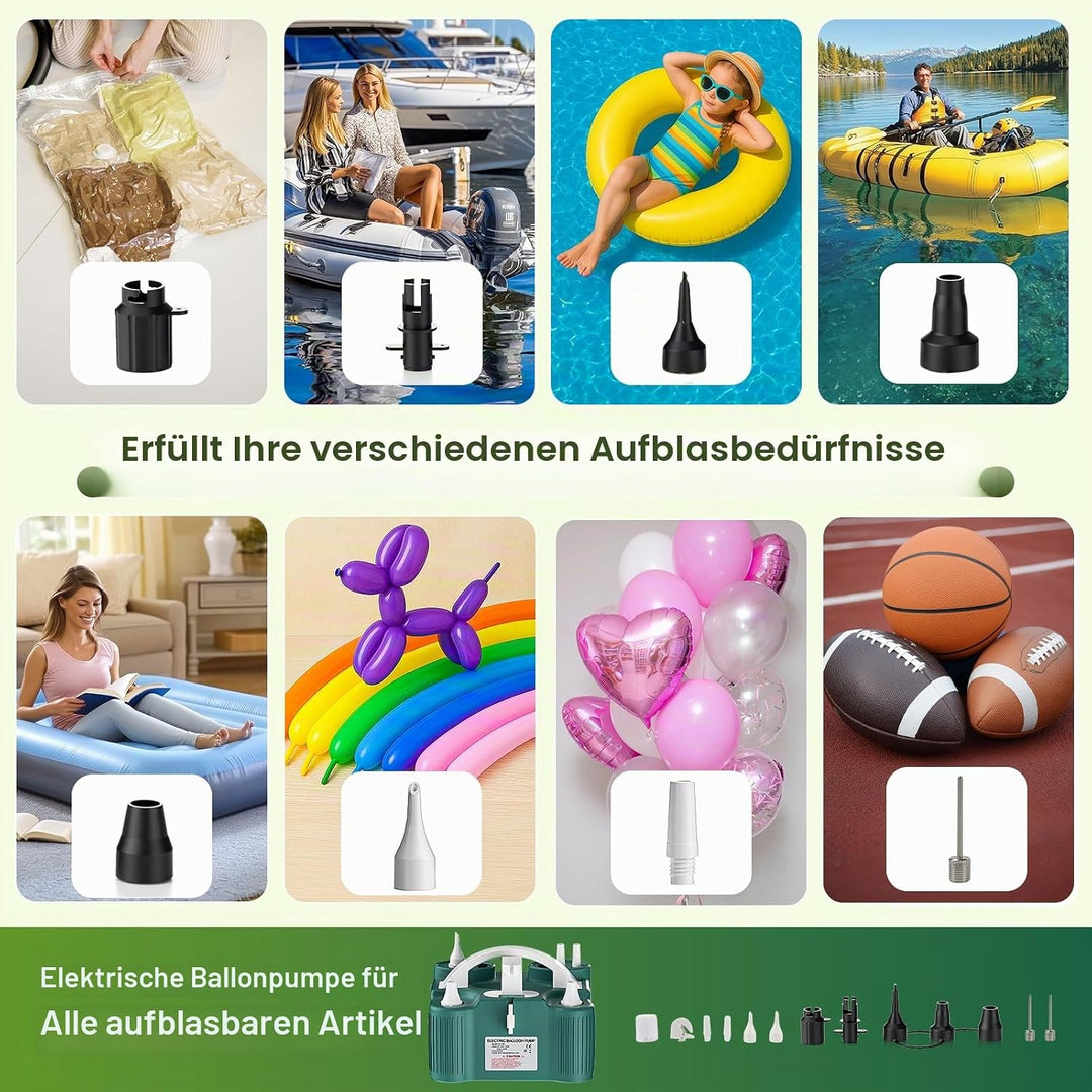 PlusFive 4-in-1 Elektrische Luftpumpe, Multifunktions Ballonpumpe Elektrisch mit Dual-Motor &amp;10 Luft