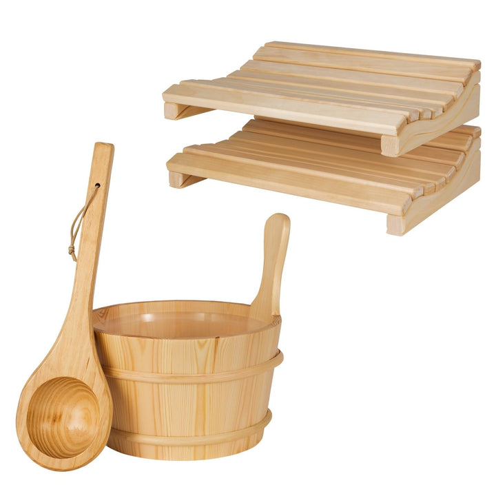 SUNNYDEALS klassisches Saunazubehörset | Saunaset 4-teilig aus naturbelassenem Holz | Saunaeimer &amp; K