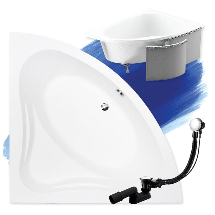 BADLAND Badewanne Original Weiss Acryl Wanne Eckbadewanne MIA 140x140 KOMPLETTSET SET mit Premium St