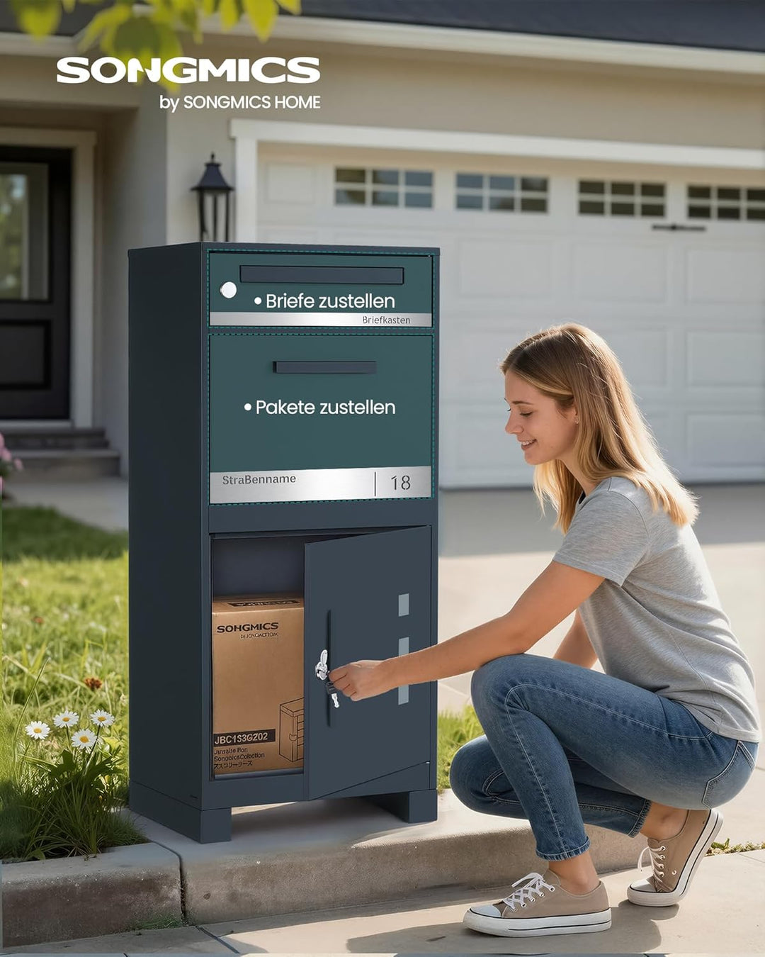 SONGMICS Paketbox, Paketbriefkasten, Briefkasten mit Paketfach, personalisiert, Paketkasten XXL, für