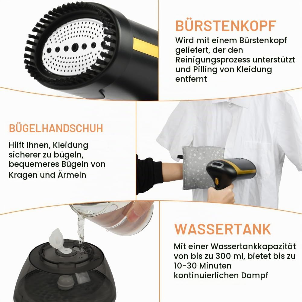 HOTUT Tragbarer Dampfglätter,1500W Dampfbürste,Steamer Dampfglätter mit 300 ml Wassertank,Hand-Dampf