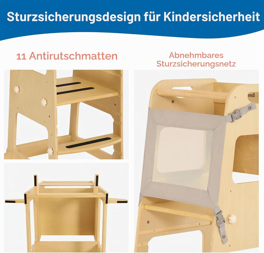 Bateso Basic Lernturm für Kinder mit Schutznetz, Höhenverstellbarer Montessori Lernturm aus Holz, St