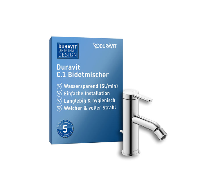 Duravit C.1 Einhebel-Bidetarmatur (Auslauf Höhe 70 mm), Bidetmischer mit Zugstangen-Ablaufgarnitur,