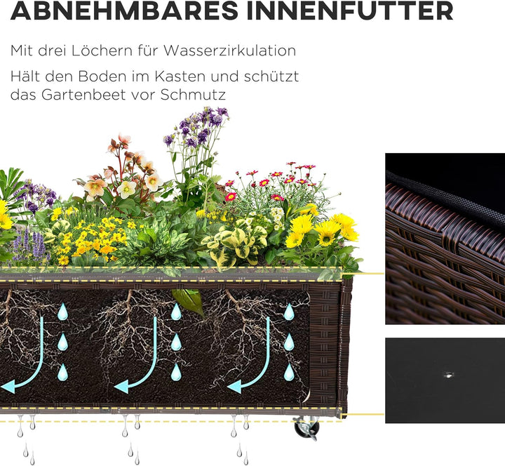 Outsunny Hochbeet Poly Rattan mit Rollen Pflanzkasten mit Abflusslöchern Blumenkasten Blumenkübel Ka