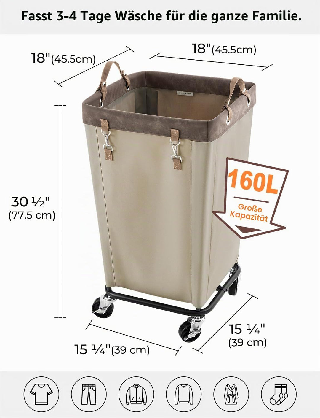 StorageWorks 160L Wäschewagen mit Rollen, grosser Wäschekorb mit Rollen für Wäsche, Wäschewagen mit