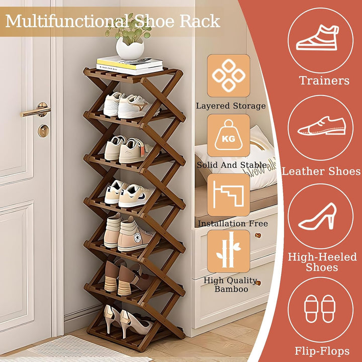 Vertikales Schuhregal Klein, Schuhschrank Hoch für Schlafzimmer, Wohnzimmer Braun, 7 Etagen, Braun,