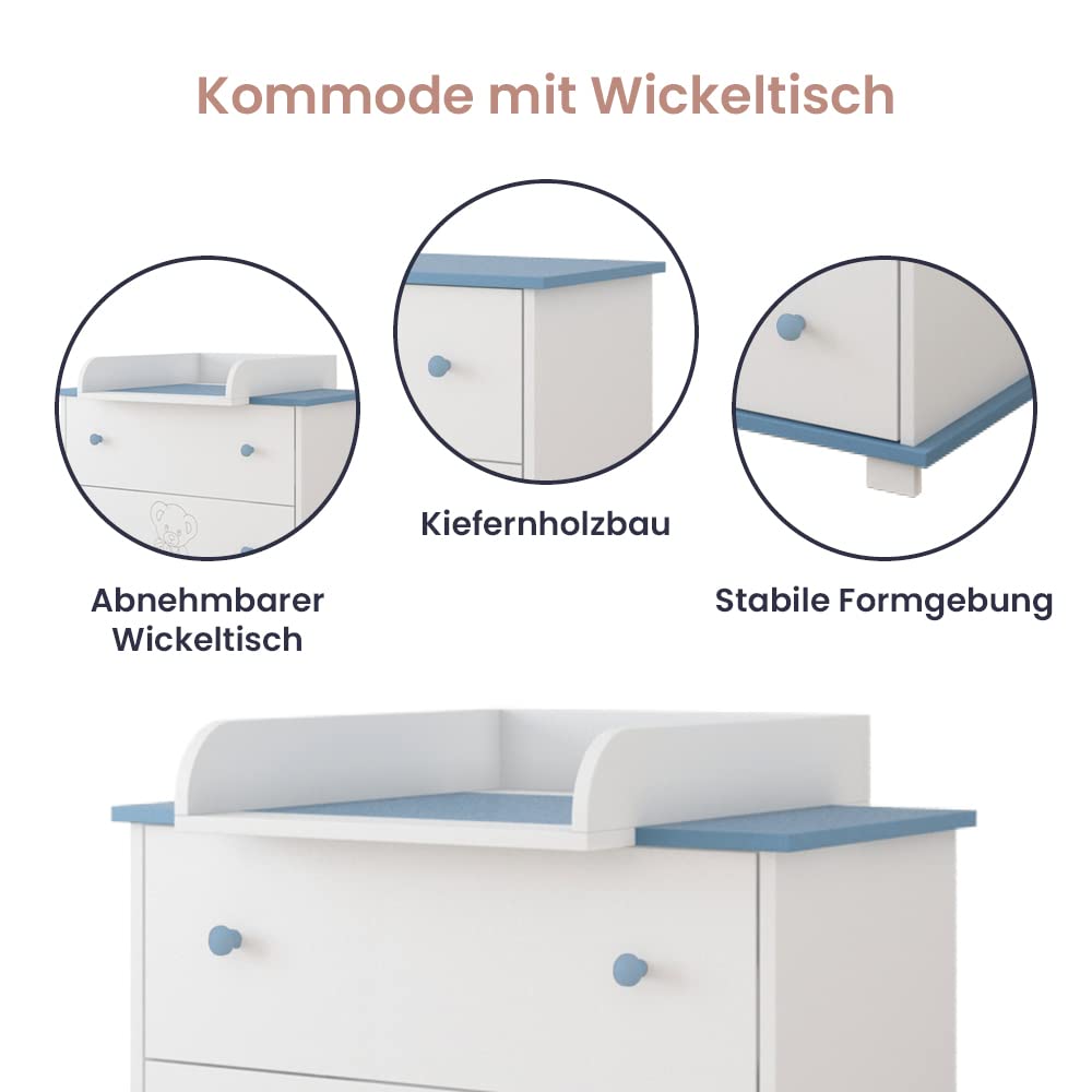 Kiki design Kommode mit Wickeltisch | 80x46 cm | Wickelkommode mit 3 Schubladen | Für Kinderzimmer |