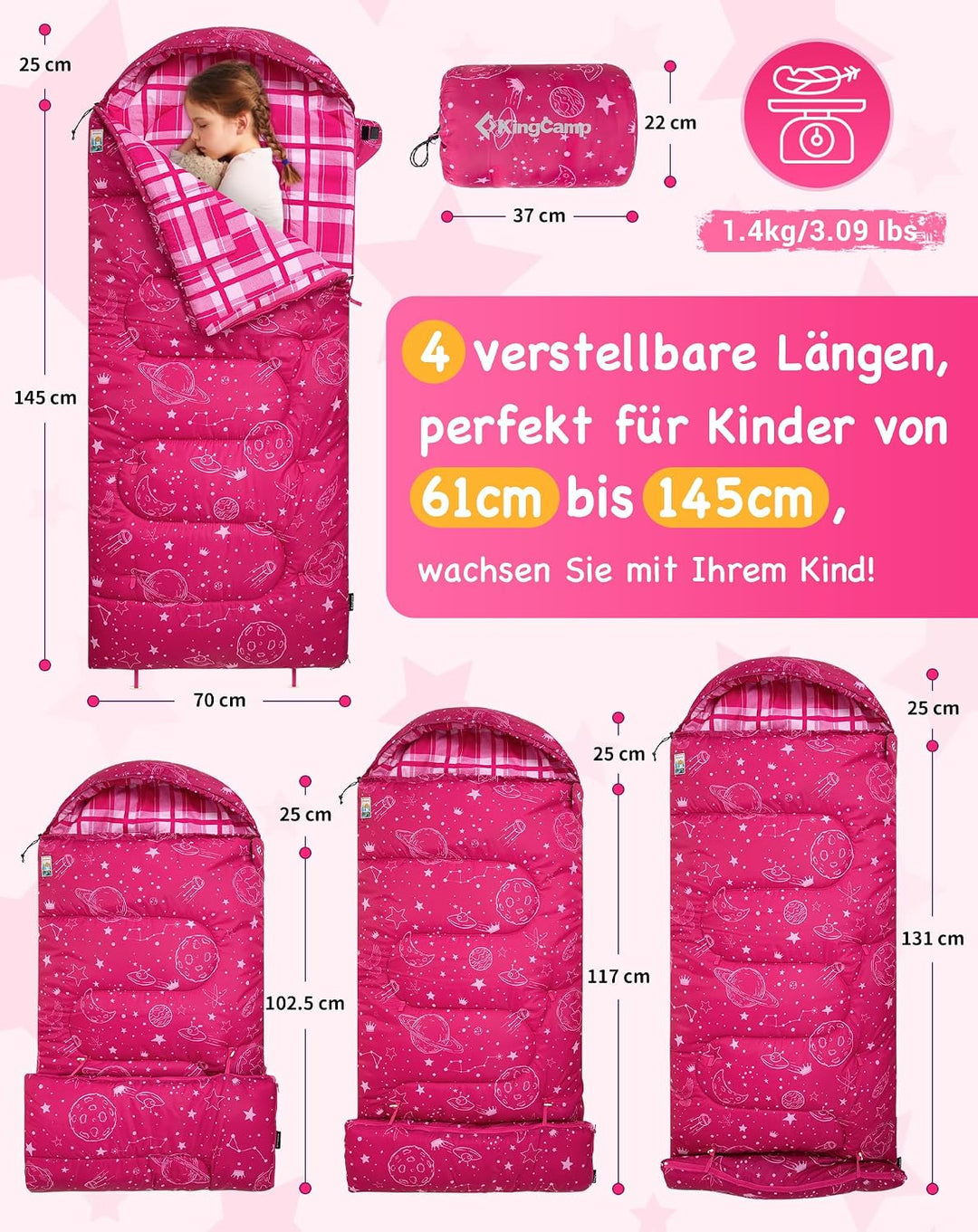 Kingcamp Kinderschlafsack Baumwolle Flanell Sommer bis 145cm | Deckenschlafsack für Kinder 10-12 Jah