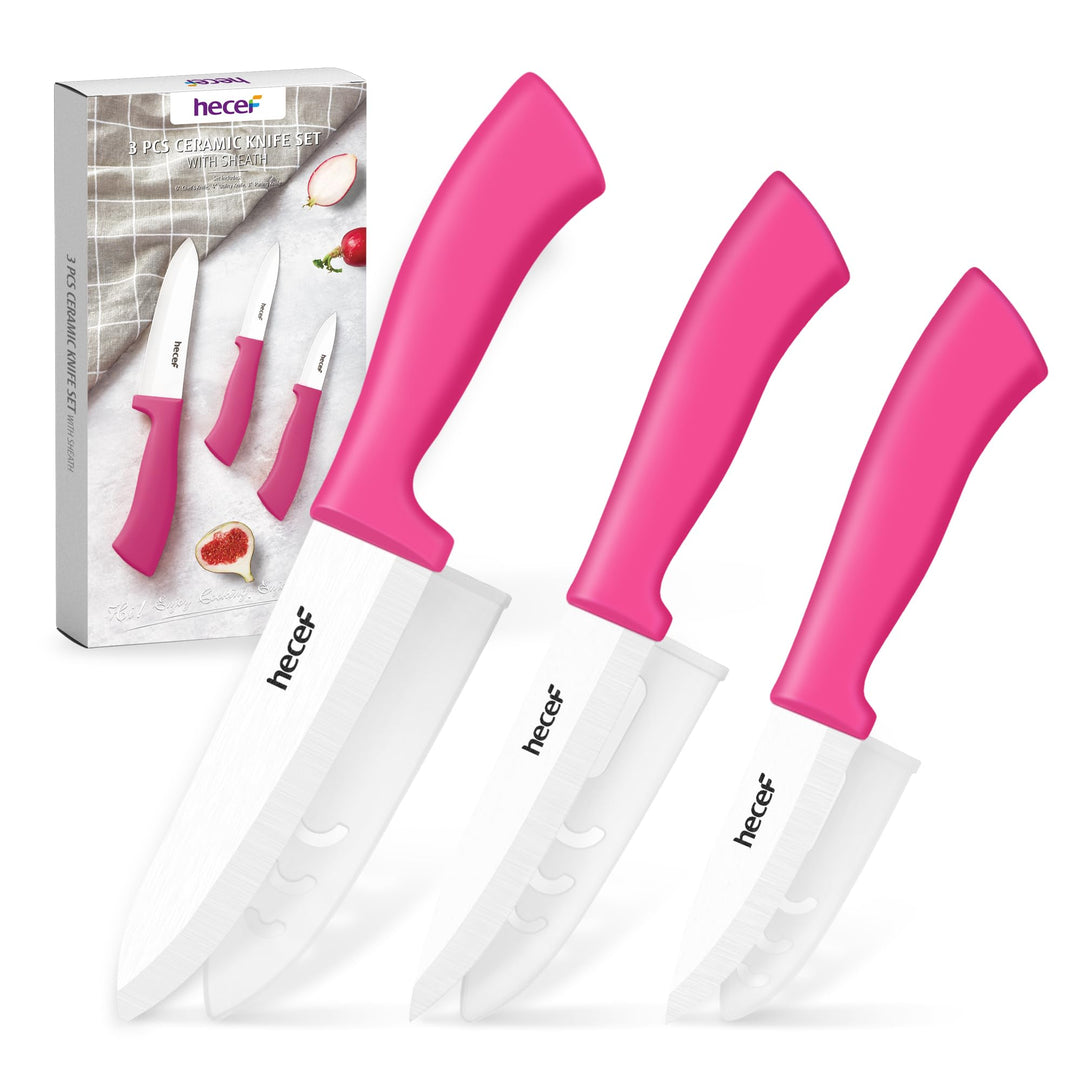 hecef Keramikmesser Set 3-teilig Rosa, Küchenmesser Set mit Schutzscheide, Rosa