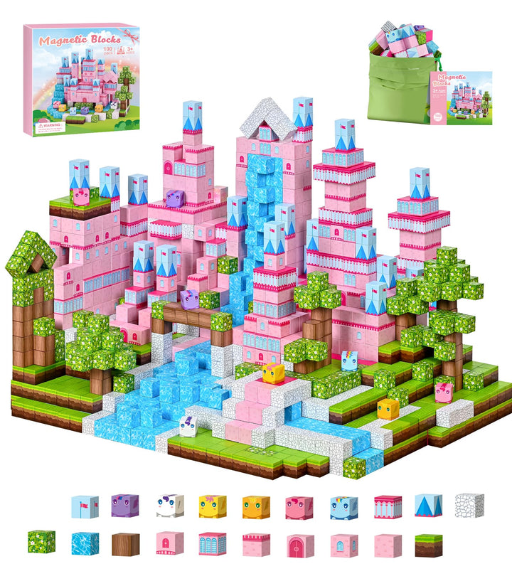 PINKCAT 100 Blöcke Magnetische Bausteine Rosa Schloss Magnetbausteine Rosa-100pcs magnetische bauste