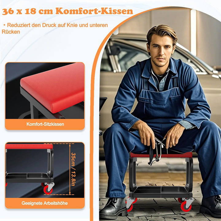 ACXIN Werkstatthocke Montagehocker mit Rollen Werkstattsitz mit Ablage Werkstattstuhl aus PP und Eis