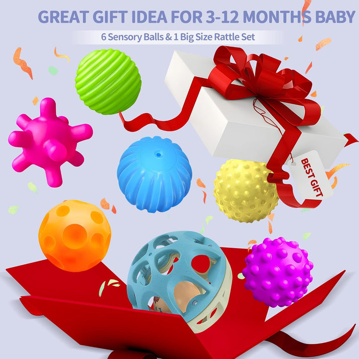 Montessori Sensory Toys for Babies, Textured Baby Balls &amp; Wheat Straw Rattle, Developmental Toys for