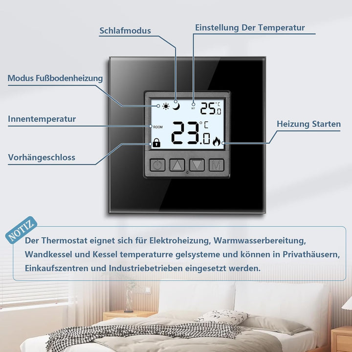 CNBINGO Thermostat Fussbodenheizung Raumthermostat Digital Unterputz für Wasser Boiler Thermostat He
