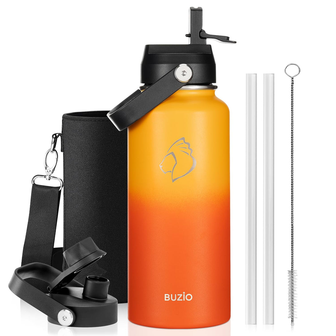 BUZIO 1L Isolierte Wasserflasche, Dreiwandige Vakuum-Edelstahl-Wasserflasche mit Strohdeckel, Auslau