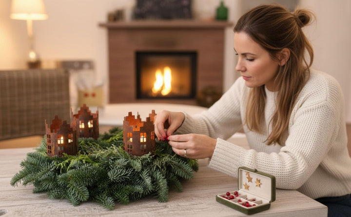 LB H&amp;F 4er Set Adventskranzstecker HÄUSER Deko Kerzenhalter Advent Rost Metall Weihnachten KERZENSTE