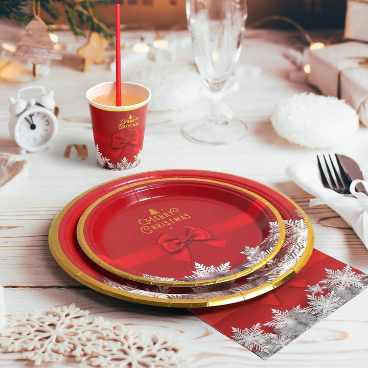 PARTY GO 96 Stück Pappteller Weihnachten, Partygeschirr Set Weihnachtsparty Pappteller Servietten Pa